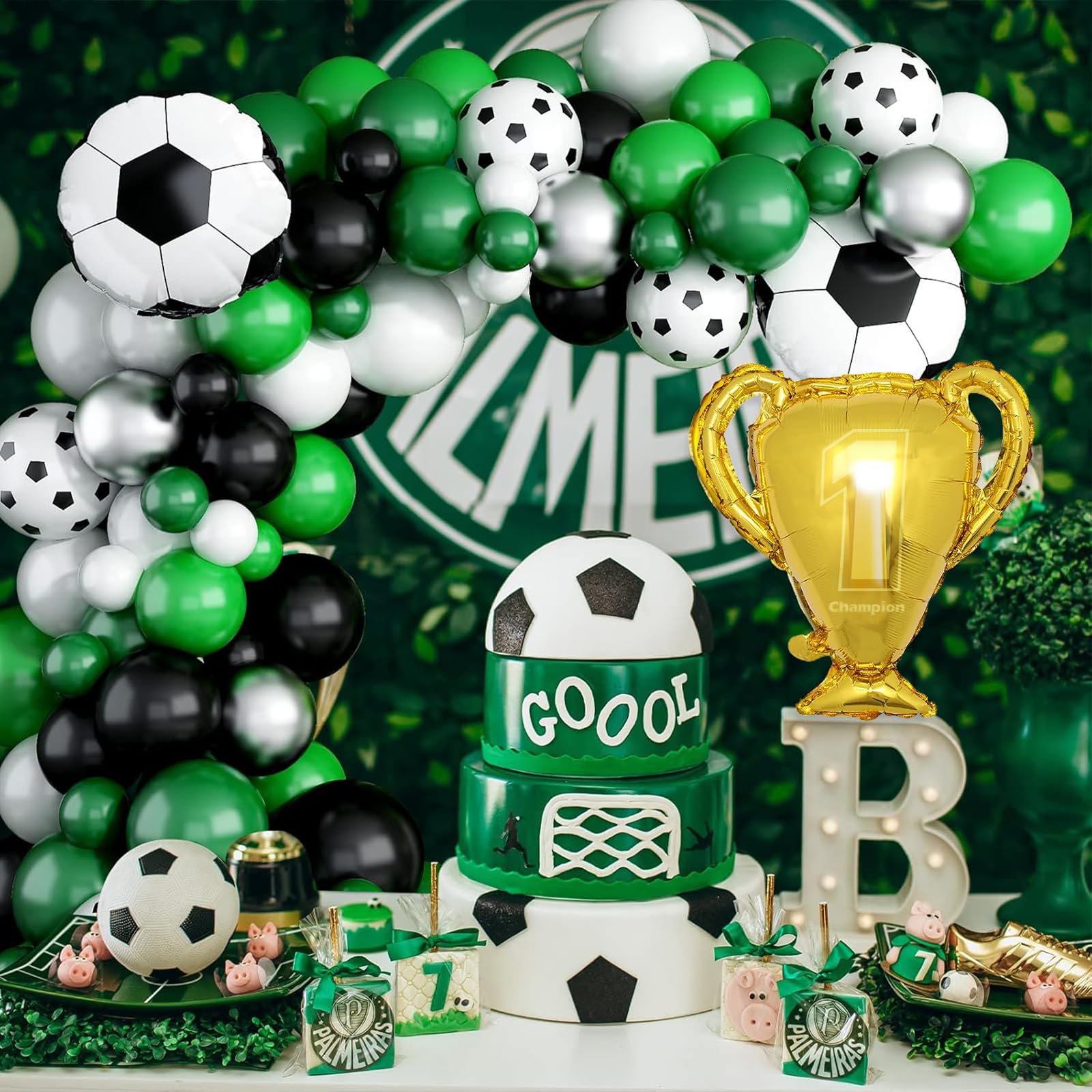 Soccer Balloon Arch Kit Boys, Green Balloon Arch Kit with Football Trophy Balloons Dark Green Black White Latex Balloons Metallic Silver Balloons for Baby Shower Birthday Soccer Party Decorations