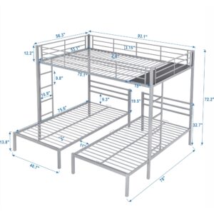 Metal Triple Bunk Bed with Built-in Shelf and Guardrails, Full Over 2 Twin Bunk Bed for Family, Kids, Teens,No Box Spring Needed