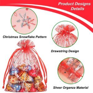 HRX Package 100pcs Snowflake Organza Bags Christmas 4x6 inch, Red Drawstring Mesh Gift Pouches for Jewelry Candy Party Favor