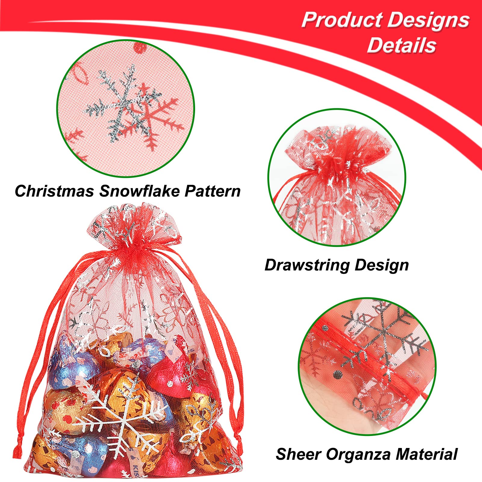 HRX Package 100pcs Snowflake Organza Bags Christmas 4x6 inch, Red Drawstring Mesh Gift Pouches for Jewelry Candy Party Favor