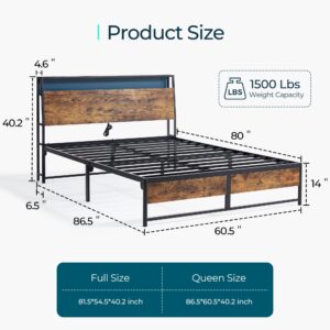 LINSY Queen Bed Frame with Ergonomic Headboard, 14 inch Fast Assembly Metal Bed with Lights, Outlets & USB, Bed Frame Queen Size with Storage, Noise Free, No Box Spring Needed, Rustic Brown