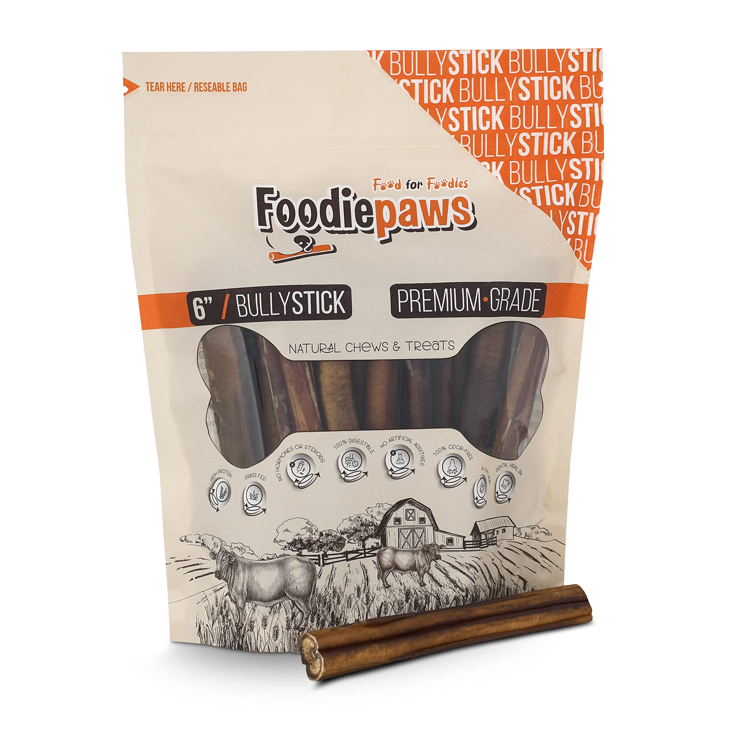 FOODIEPAWS All Natural 6-inch Jumbo Bully Sticks Odor Free USA Packed for Medium, Large Dogs- 100% Free-Range Grass-Fed Beef-Single Ingredient & Rawhide Free-Longer Lasting Dental Dog Chews 10 Pcs