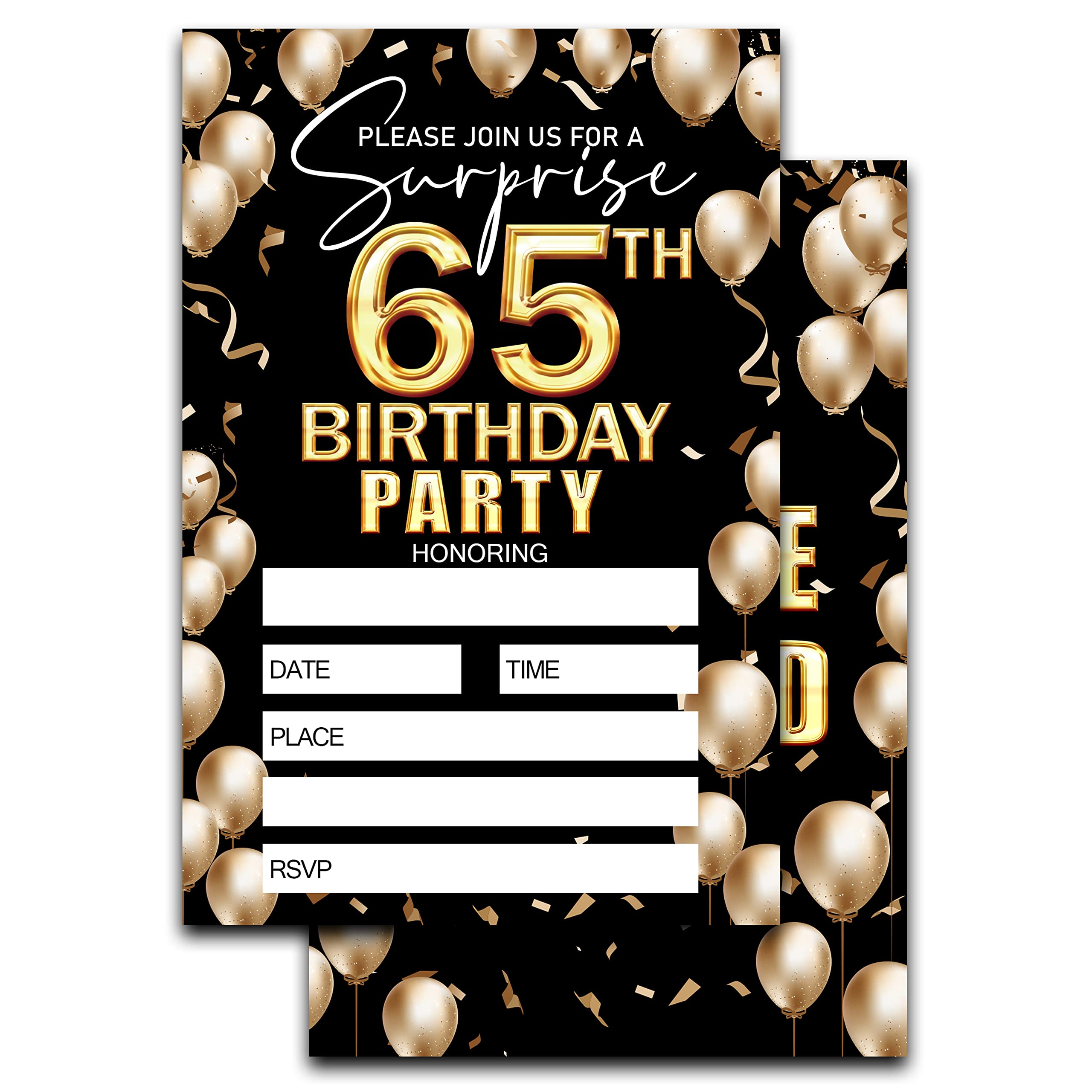 Keydaat 65th Birthday Invitation - Black And Gold Birthday Invite - Birthday Invite Ideas For Adult Woman and Man - 20 Fill-in Invitation Cards With 20 Envelopes -TH012