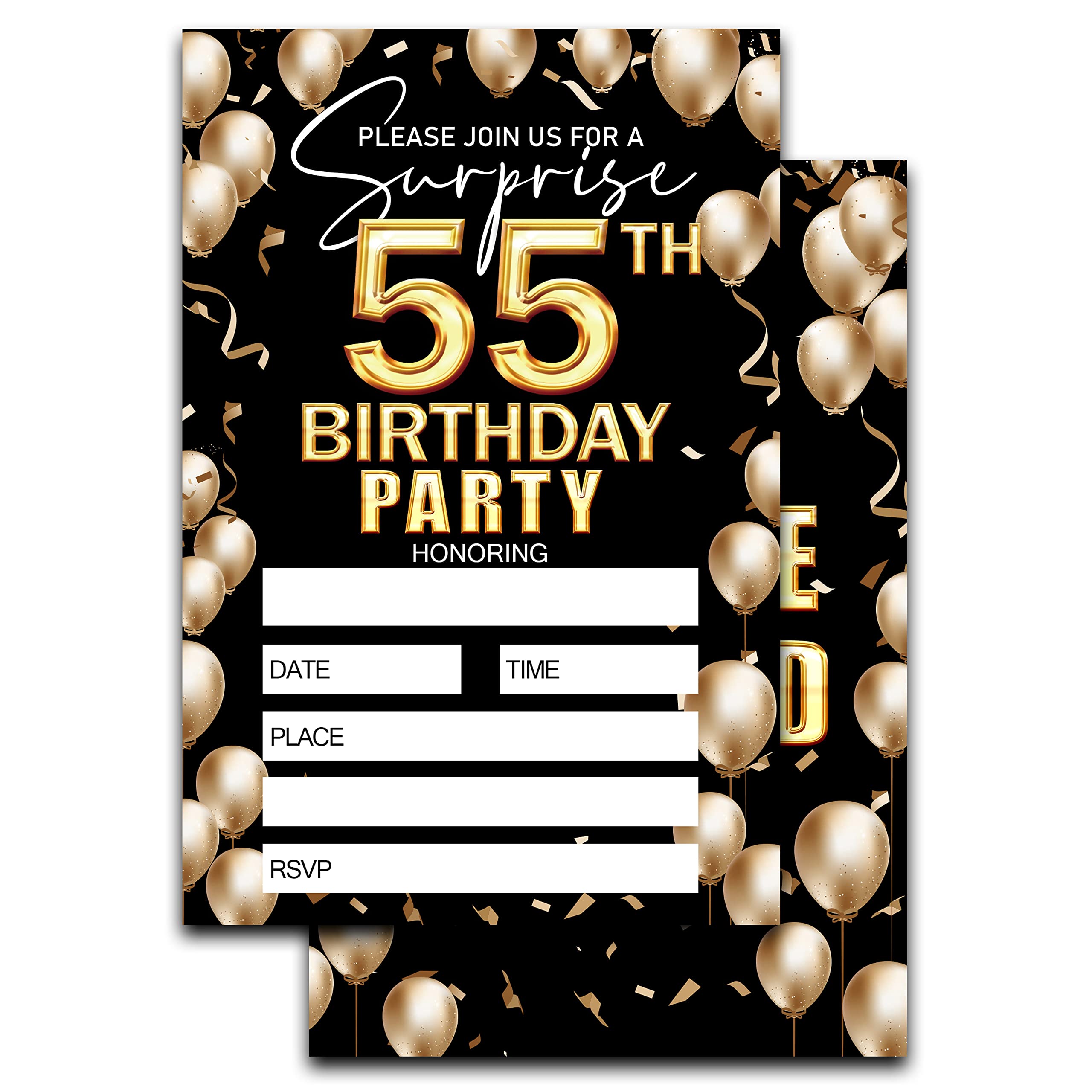 Keydaat 55th Birthday Invitation - Black And Gold Birthday Invite - Birthday Invite Ideas For Adult Woman and Man - 20 Fill-in Invitation Cards With 20 Envelopes -TH010