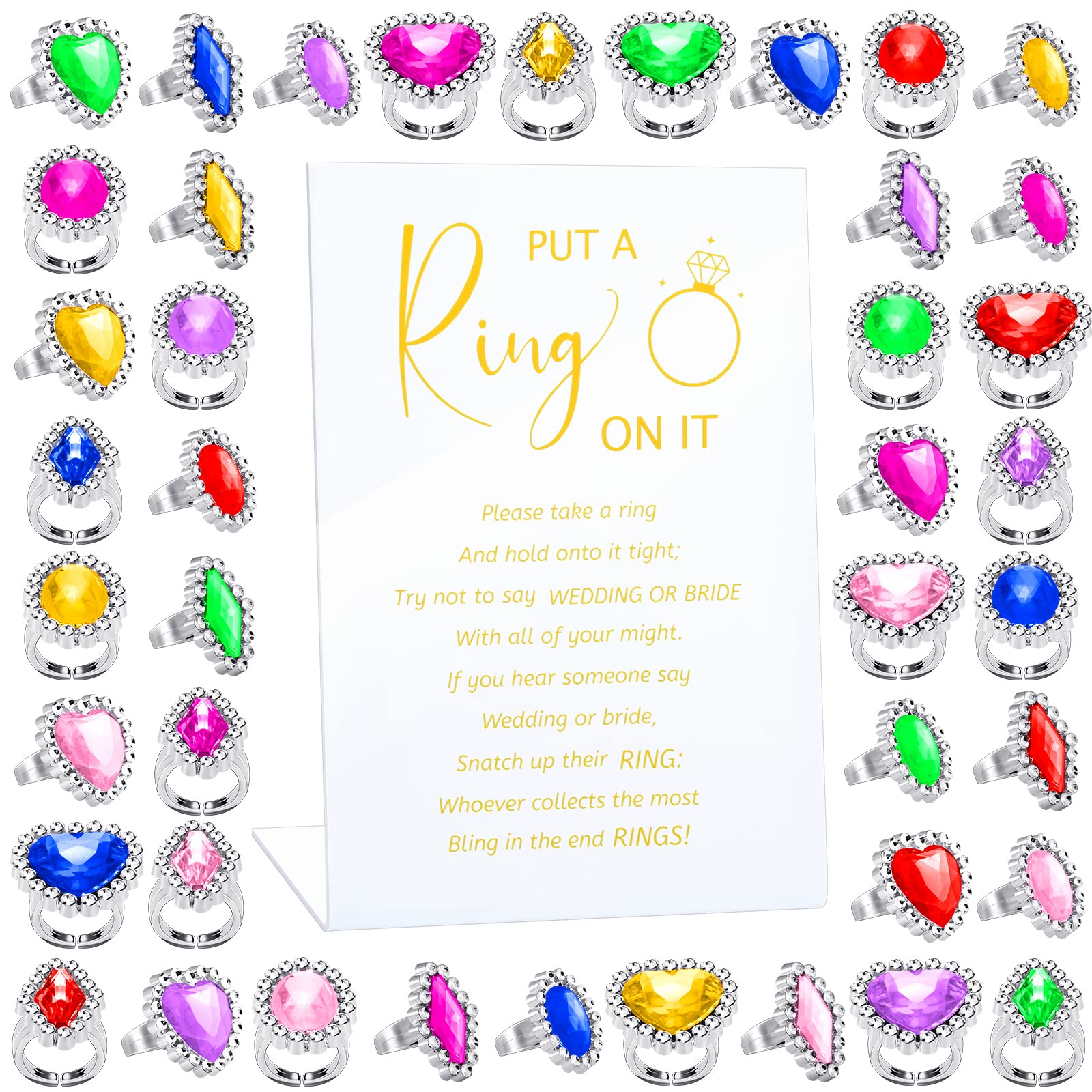 Woanger Put a Ring on It Game with 100 Pcs Fake Rings, Plastic Rings for Bridal Shower Game, Acrylic Sign for Guests Engagement Wedding Decoration