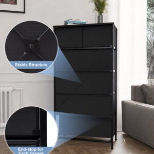 Crestlive Products Vertical Dresser Storage Tower - Sturdy Steel Frame, Wood Top, Easy Pull Fabric Bins - Organizer Unit for Bedroom, Entryway, Closets - 6 Drawers (Black)