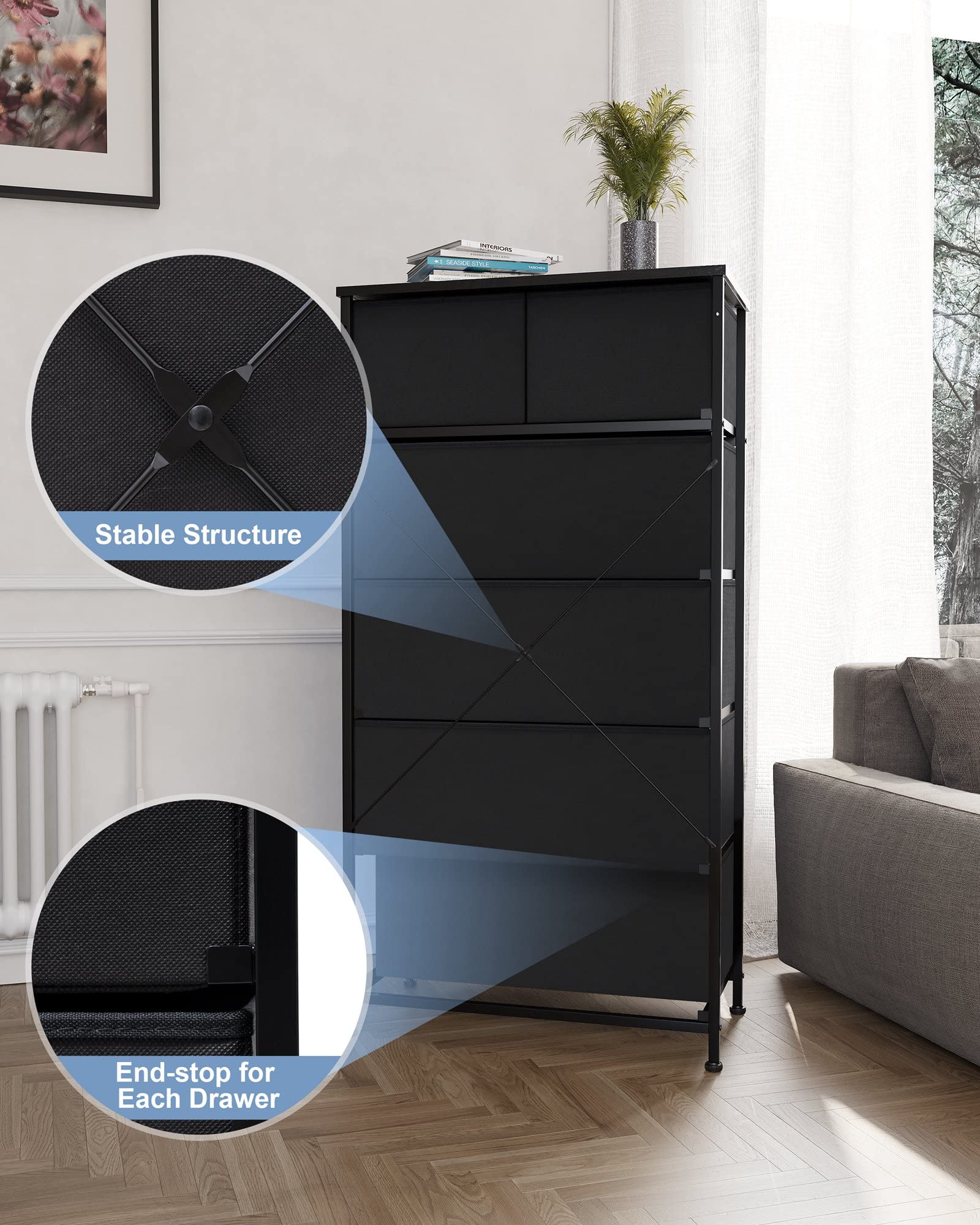 Crestlive Products Vertical Dresser Storage Tower - Sturdy Steel Frame, Wood Top, Easy Pull Fabric Bins - Organizer Unit for Bedroom, Entryway, Closets - 6 Drawers (Black)