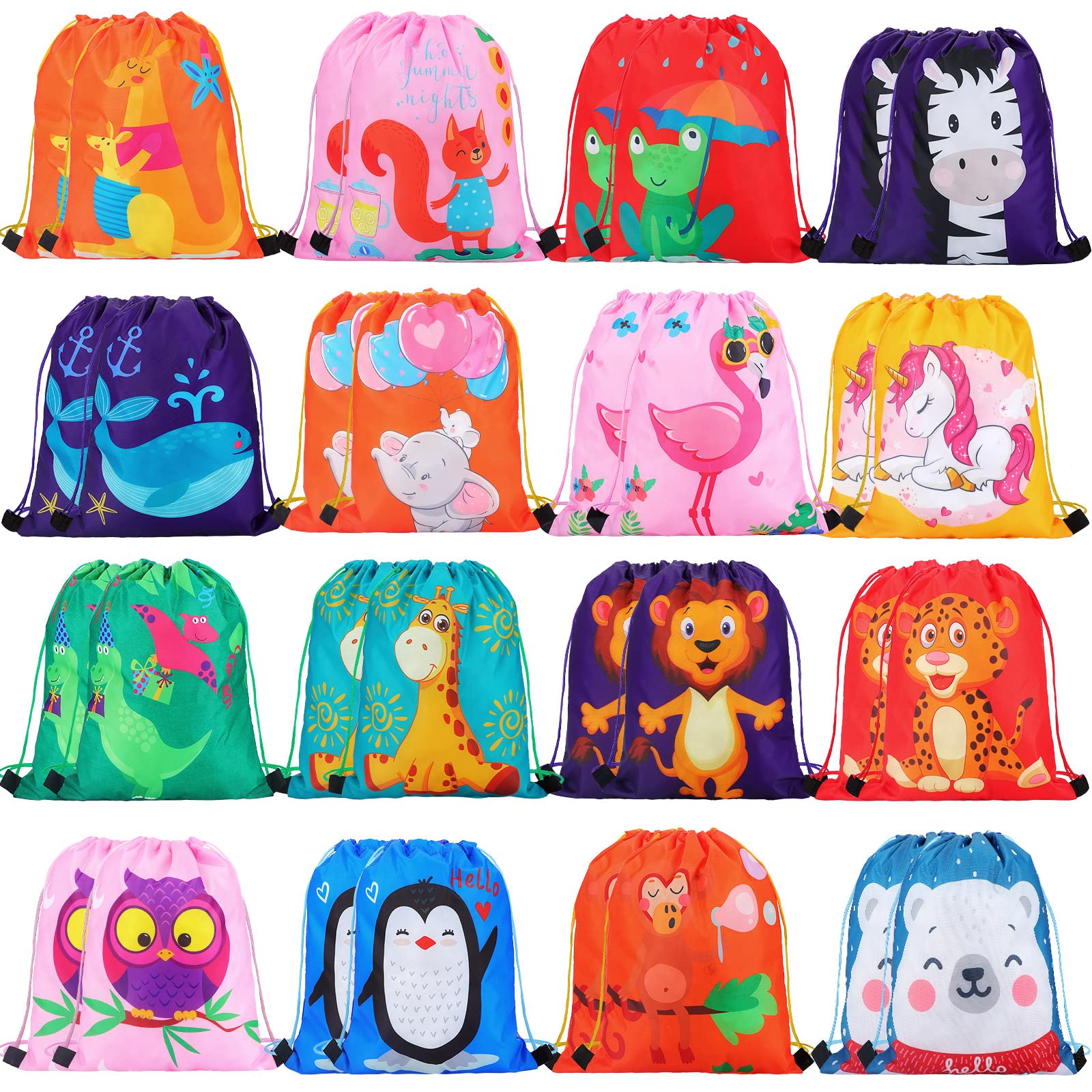 Animal Party Favor Drawstring Bags for Kids Birthday Supplies Carton Animal Backpack String Bags for Boys Girls Baby Shower Birthday Party Gift (32 Pack)