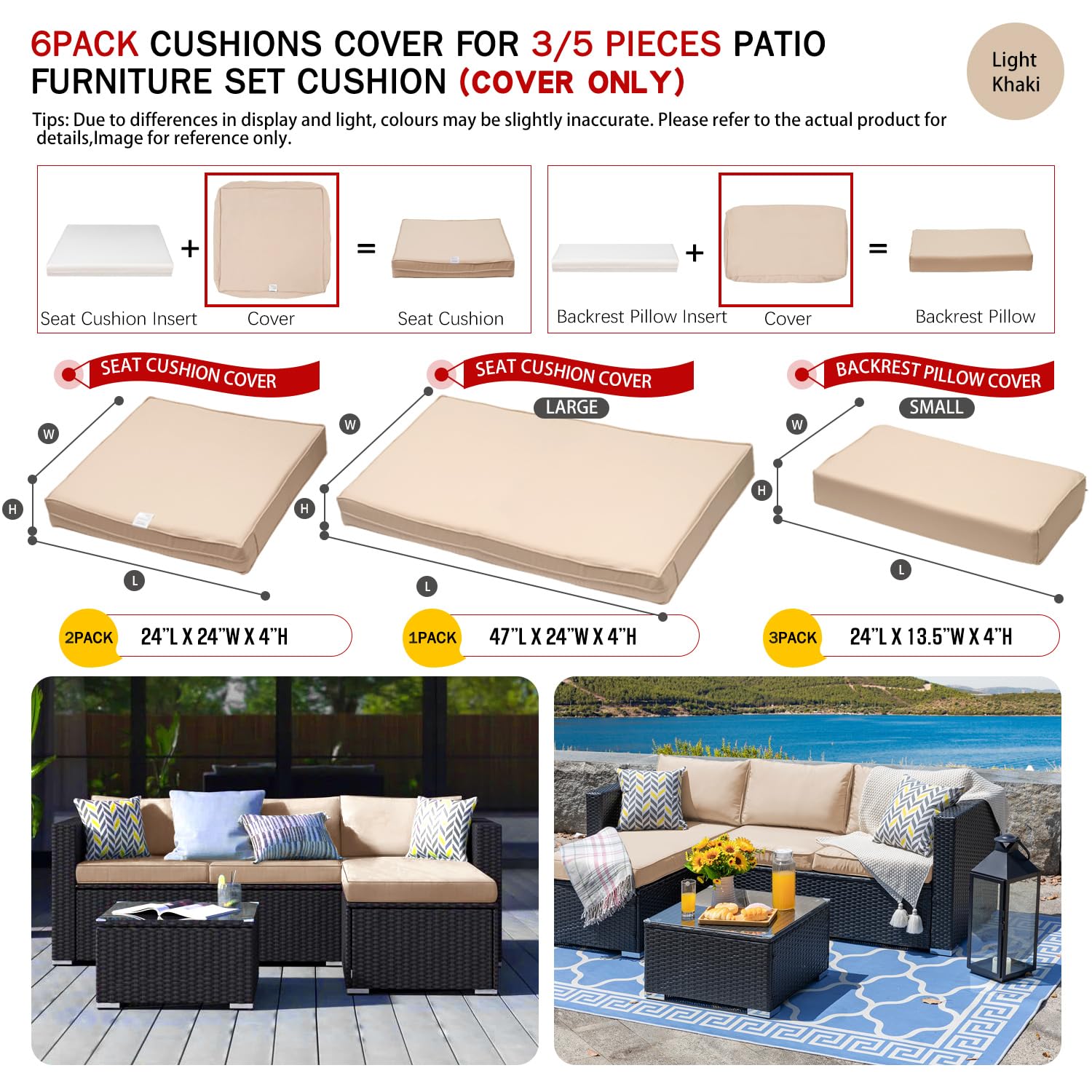 ClawsCover 6Pack Outdoor Seat and Back Cushions Replacement Covers Fit for 3 Pieces 3-Seater Wicker Rattan Patio Furniture Conversation Set Sectional Couch Chair,Light Khaki-Include Cover Only