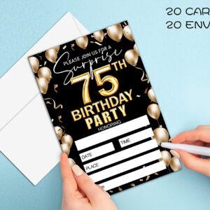 Keydaat 75th Birthday Invitation - Black And Gold Birthday Invite - Birthday Invite Ideas For Adult Woman and Man - 20 Fill-in Invitation Cards With 20 Envelopes -TH014