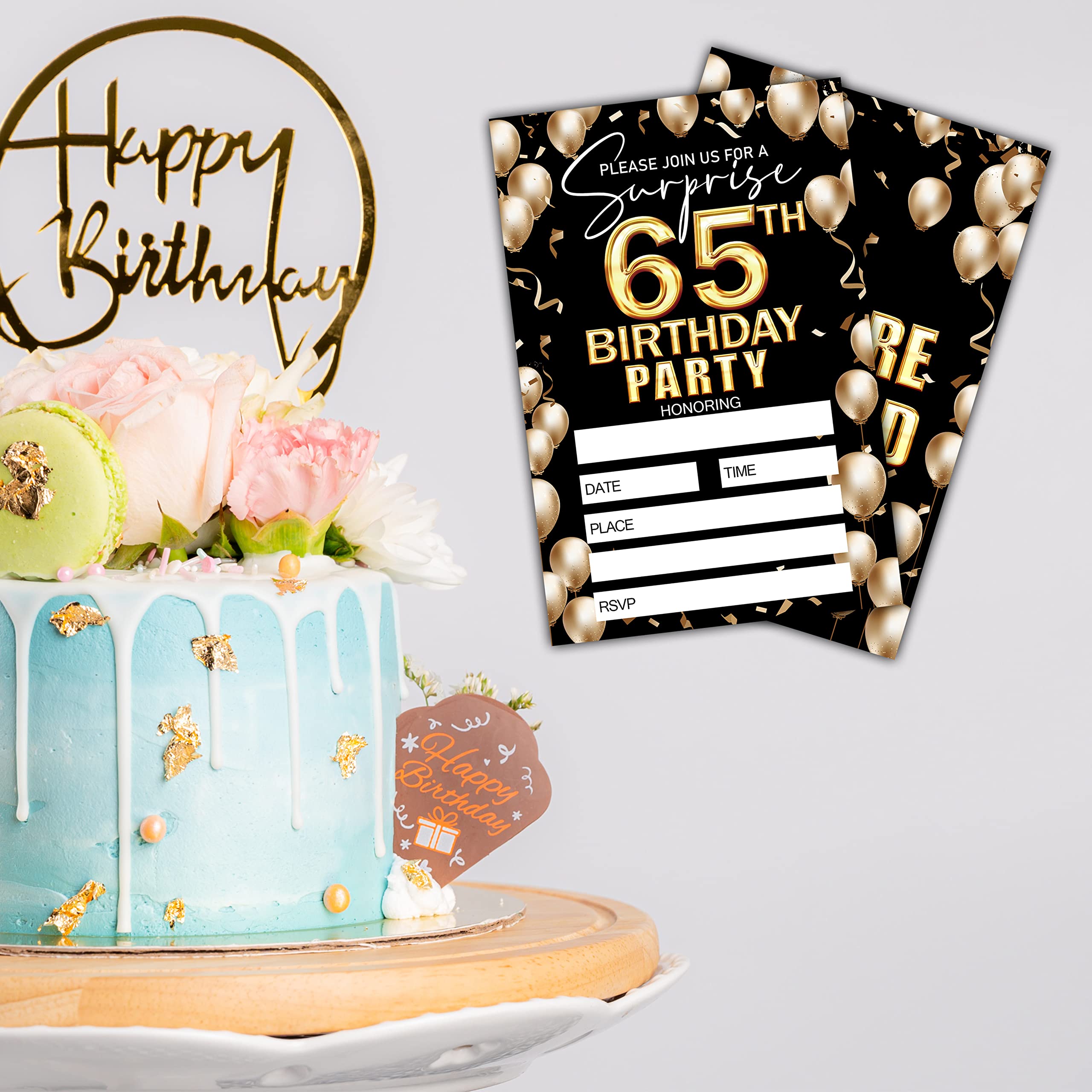 Keydaat 65th Birthday Invitation - Black And Gold Birthday Invite - Birthday Invite Ideas For Adult Woman and Man - 20 Fill-in Invitation Cards With 20 Envelopes -TH012