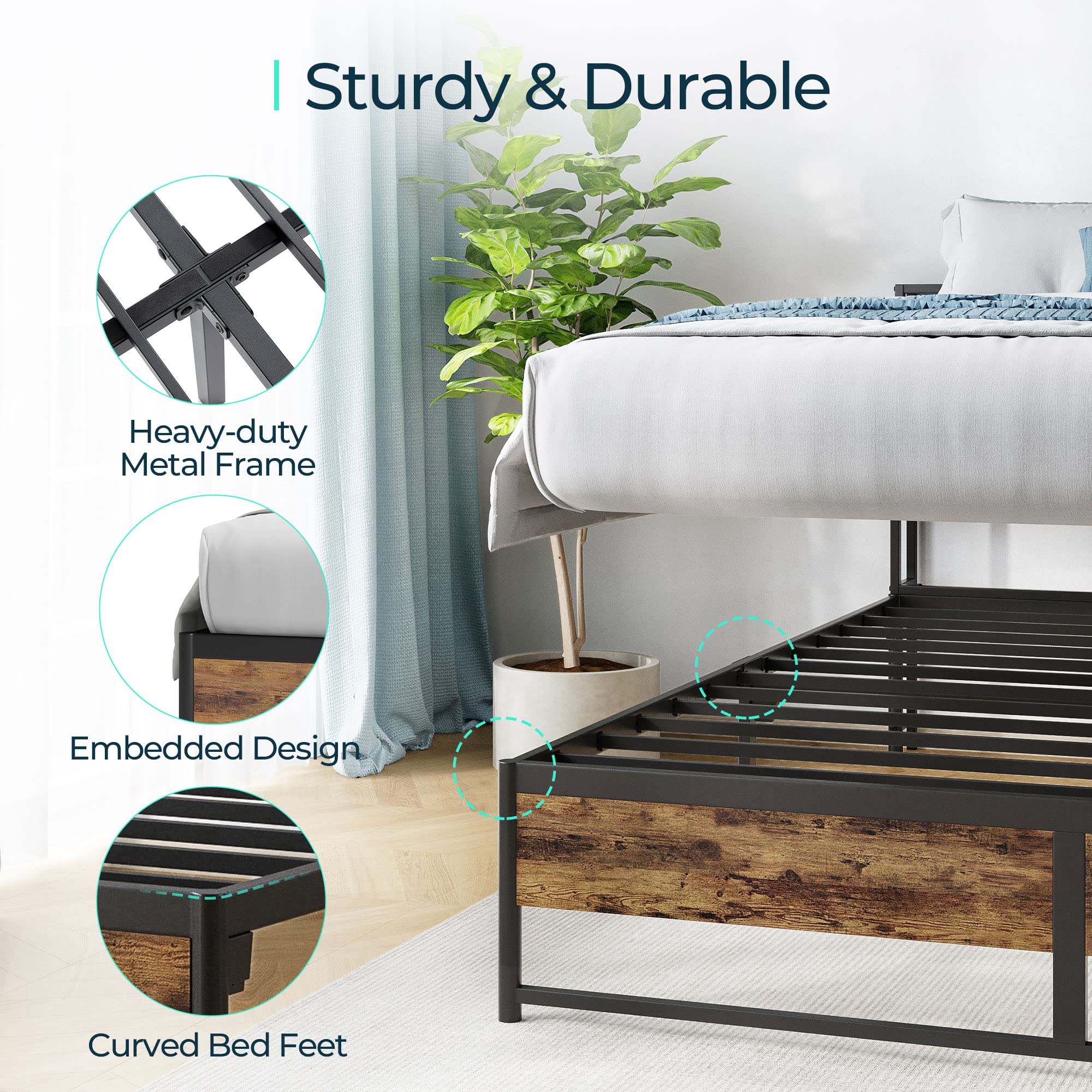 LINSY Queen Bed Frame with Ergonomic Headboard, 14 inch Fast Assembly Metal Bed with Lights, Outlets & USB, Bed Frame Queen Size with Storage, Noise Free, No Box Spring Needed, Rustic Brown