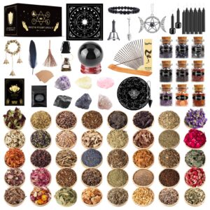 shyshiny wiccan supplies and tools for protection, 127pack witchcraft supplies witchy gift for beginners, dried herbs, crystals, candles, witch starter spell kit