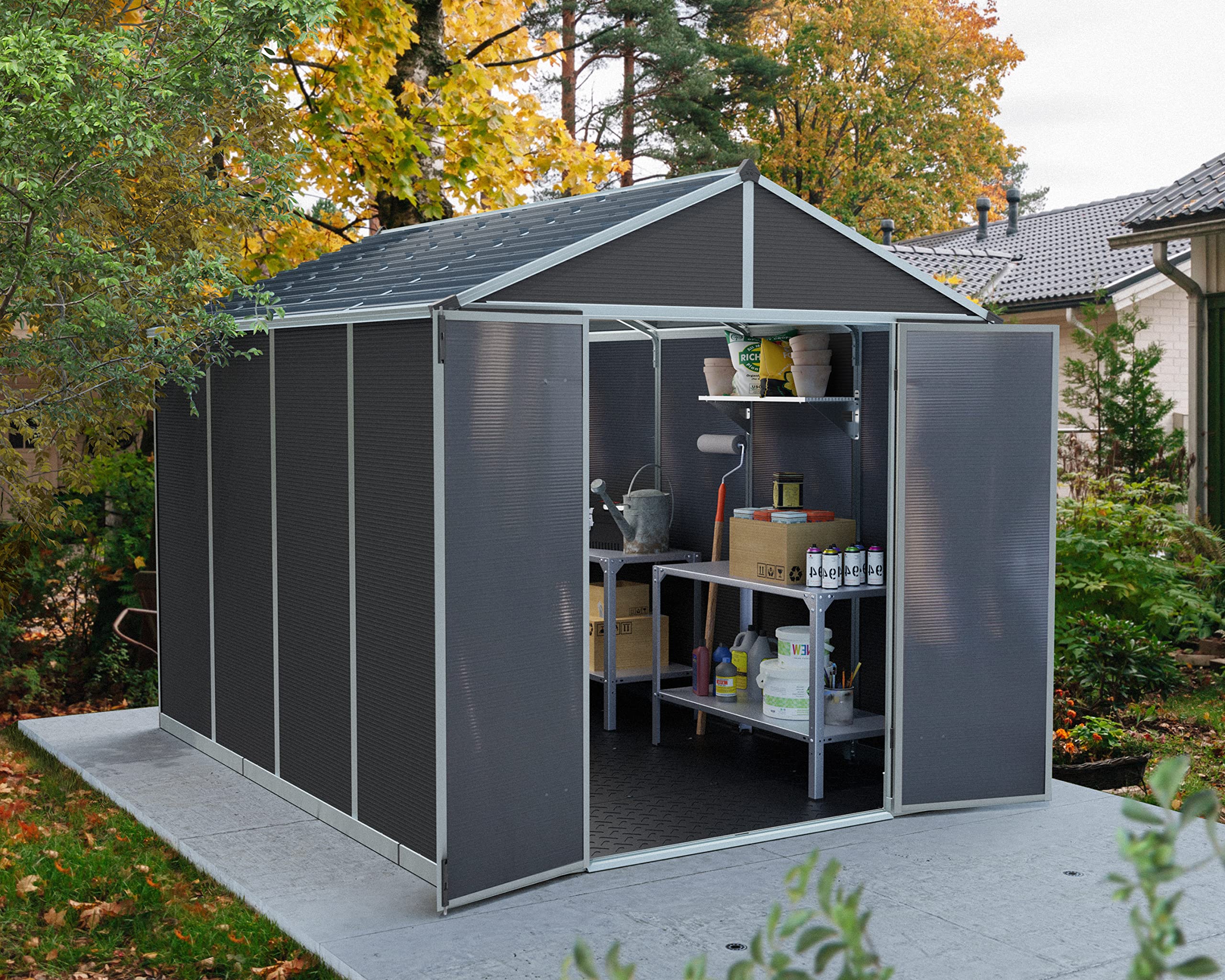 Palram - Canopia Rubicon Storage Shed, 8'x10' DIY Backyard Shed, Gray Polycarbonate Panels and Aluminum Frame, Sheds & Outdoor Storage for Lawn Mower, Bike, Garden Tools, Outdoor Storage Box Shed