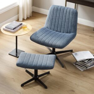 art leon desk chair no wheels - with ottoman and lumbar pillow, armless office chair no wheels, criss cross chair, modern swivel height adjustable wide seat computer task vanity chair, indigo linen