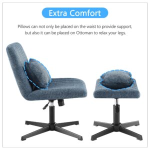 Art Leon Desk Chair No Wheels - with Ottoman and Lumbar Pillow, Armless Office Chair No Wheels, Criss Cross Chair, Modern Swivel Height Adjustable Wide Seat Computer Task Vanity Chair, Indigo Linen