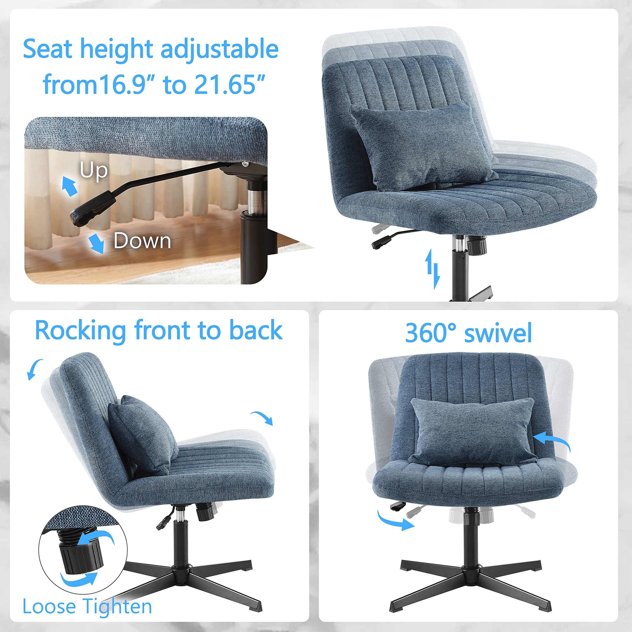 Art Leon Desk Chair No Wheels - with Ottoman and Lumbar Pillow, Armless Office Chair No Wheels, Criss Cross Chair, Modern Swivel Height Adjustable Wide Seat Computer Task Vanity Chair, Indigo Linen