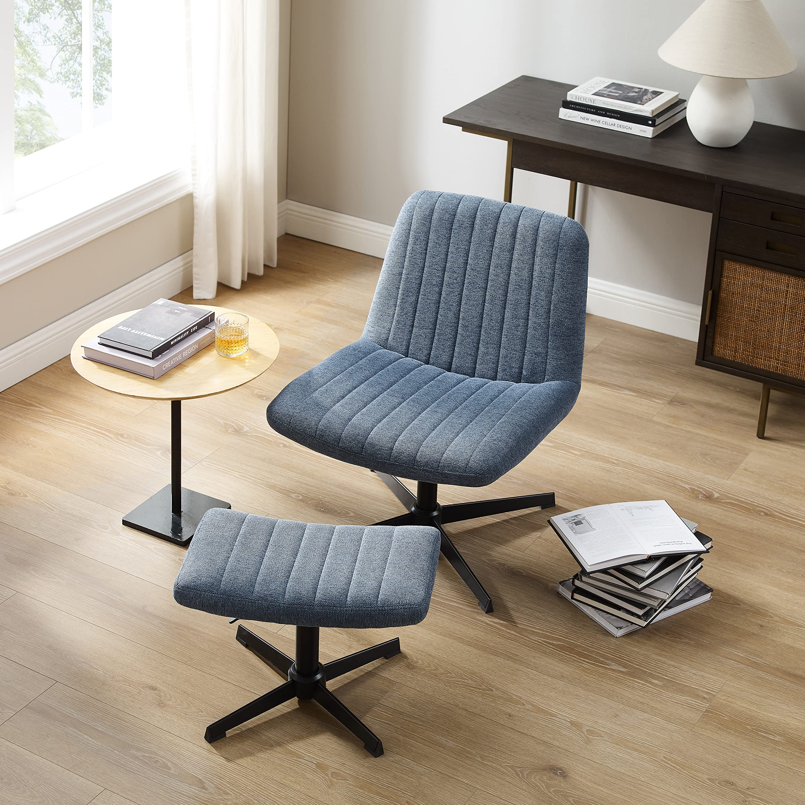 Art Leon Desk Chair No Wheels - with Ottoman and Lumbar Pillow, Armless Office Chair No Wheels, Criss Cross Chair, Modern Swivel Height Adjustable Wide Seat Computer Task Vanity Chair, Indigo Linen