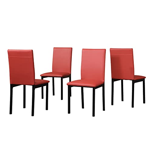 Roundhill Furniture 5 Piece Citico Metal Dinette Set with Laminated Faux Marble Top, White Table with Red Chairs