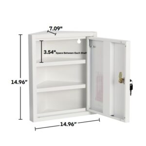 AdirMed Locking Corner Medicine Cabinet, Wall Mounted First Aid Corner Cabinet with Lock, Lockable Corner Wall Medicine Cabinet, 14.96" H x 14.96" W x 7.09" D