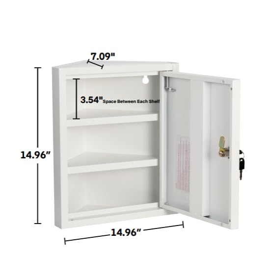 AdirMed Locking Corner Medicine Cabinet, Wall Mounted First Aid Corner Cabinet with Lock, Lockable Corner Wall Medicine Cabinet, 14.96" H x 14.96" W x 7.09" D