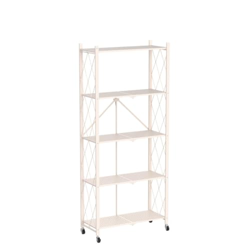 Letusto Foldable Collapsible Shelf with Wheels & Breaks - Folding Shelf Heavy Duty Metal Frame Pantry Shelving Unit - Origami Bookcase - No Assembly Bookshelf (White, 5 Tier)