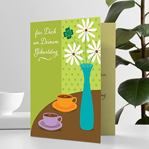 Designer Greetings German Language Happy Birthday Cards, “für Dich an Deinem Geburtstag” Flowers and Coffee Design (6 Cards with Envelopes / 6 Karten mit Umschlägen)