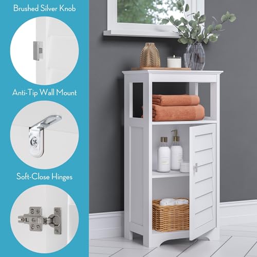 RiverRidge Brookfield Single Door Floor Storage Cabinet Bathroom Cabinet with Shutter Style Door, Open Shelves & Adjustable Interior Shelf