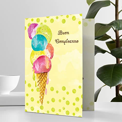 Designer Greetings Italian Language Happy Birthday Cards, Fun Colorful Ice Cream Design (Pack of 6 Cards with Green Envelopes / 6 biglietti di auguri e buste)