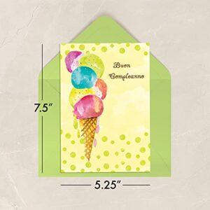 Designer Greetings Italian Language Happy Birthday Cards, Fun Colorful Ice Cream Design (Pack of 6 Cards with Green Envelopes / 6 biglietti di auguri e buste)