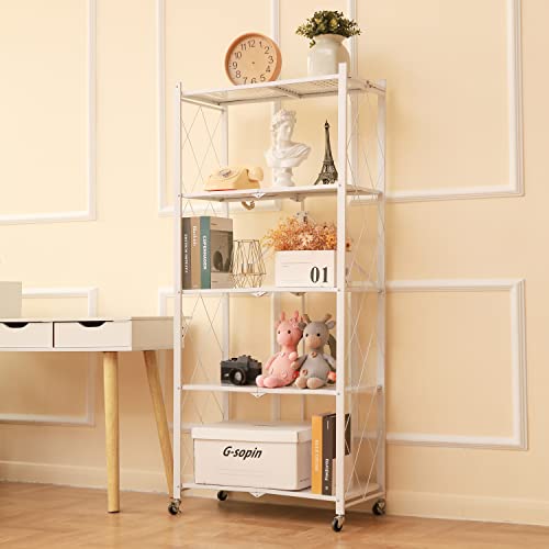 Letusto Foldable Collapsible Shelf with Wheels & Breaks - Folding Shelf Heavy Duty Metal Frame Pantry Shelving Unit - Origami Bookcase - No Assembly Bookshelf (White, 5 Tier)