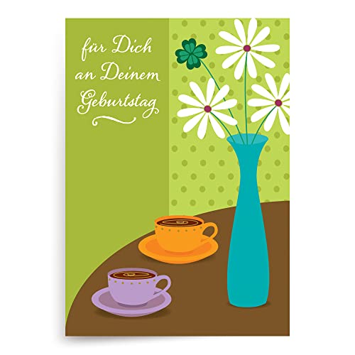 Designer Greetings German Language Happy Birthday Cards, “für Dich an Deinem Geburtstag” Flowers and Coffee Design (6 Cards with Envelopes / 6 Karten mit Umschlägen)