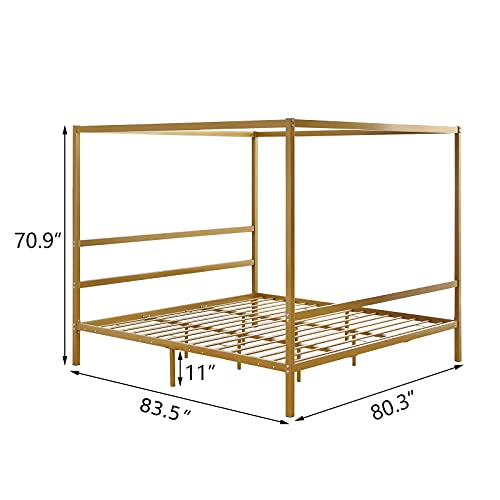 Bonnlo Metal Canopy Bed Frame King,Gold 4 Poster Bed,10 inches Canopy Platform Bed,No Box Spring Needed