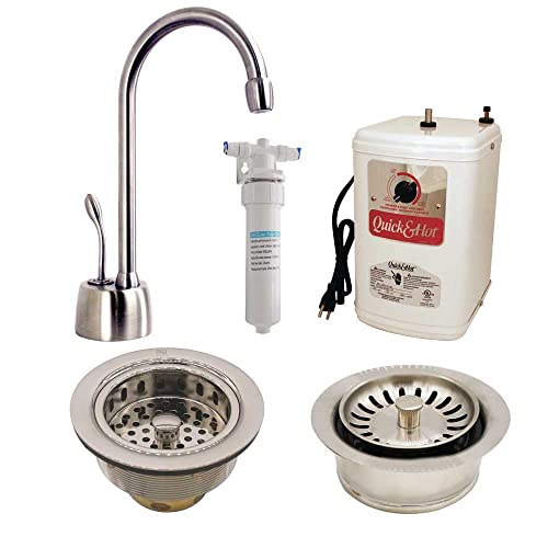 Westbrass CO139-07 Velosah 9" 1-Handle Hot Water Dispenser Faucet Kit with Filter, Kitchen Sink Strainer & Disposal Trim Set, Satin Nickel