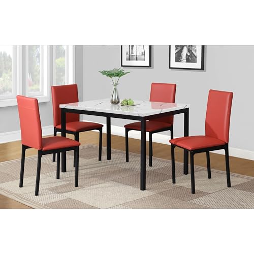 Roundhill Furniture 5 Piece Citico Metal Dinette Set with Laminated Faux Marble Top, White Table with Red Chairs