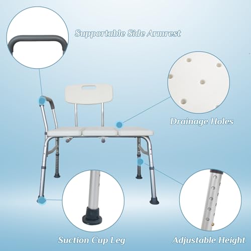 Winado Tub Transfer Bench for Bathtub with Backrest & Padded Armrest, Supports up to 330 lbs Aluminium Alloy Bath Chair Seat, White