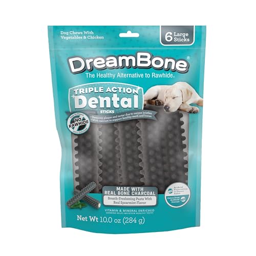 Dreambone Triple Action Dental Sticks Charcoal, 6 Count, Rawhide-Free Chews for Large and XL Sized Dogs Freshens Breath