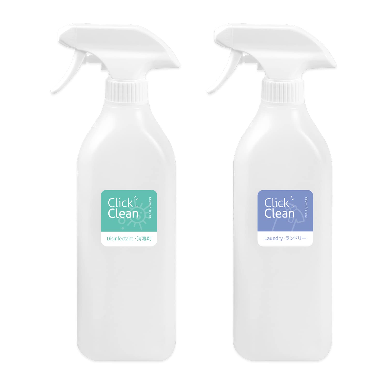 CLICK CLEAN Plastic Spray Bottles, 10 Free Labels Included, Pack of 2 Empty 18.6 oz Spray Bottles with Adjustable Nozzle and Sizes for Cleaning Solutions, Plant Watering, Pet Training and More