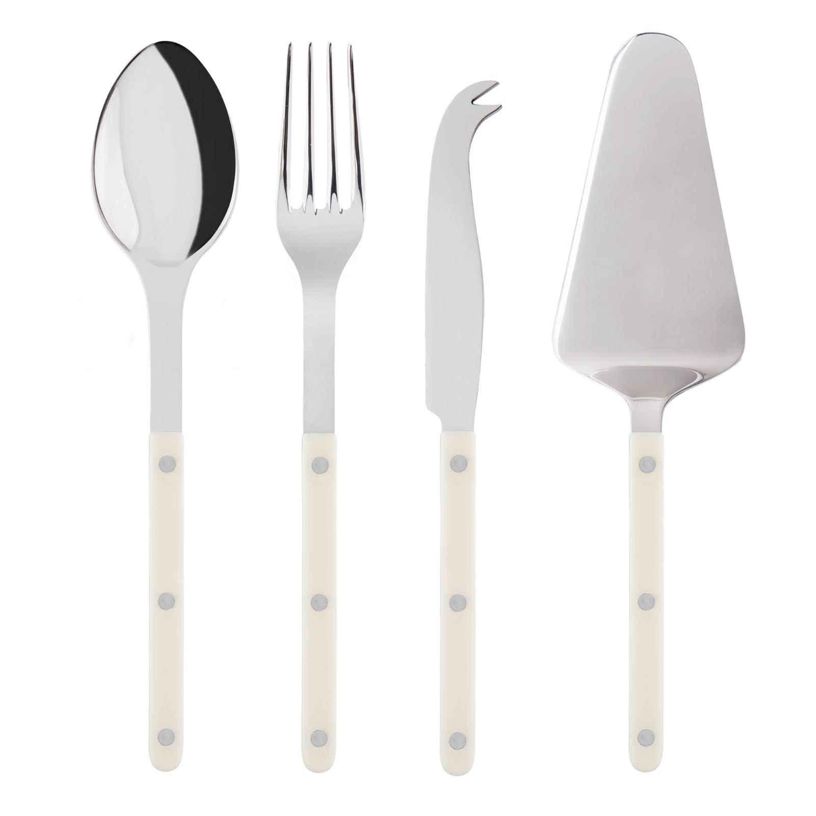 SABRE PARIS - 4-Piece Serving Set - Bistrot Collection - 2 Serving Flatware, Serrated Pie Server, Large Cheese Knife - Stainless Steel & Nylon - Dishwasher Safe - Ivory - Brilliant Finish