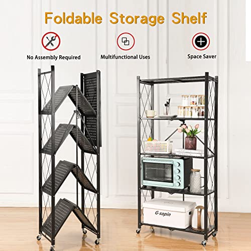 Letusto Foldable Collapsible Shelf with Wheels & Breaks - Folding Shelf Heavy Duty Metal Frame Pantry Shelving Unit - Origami Bookcase - No Assembly Bookshelf (White, 5 Tier)