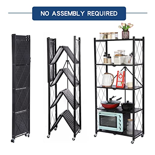 Letusto Foldable Collapsible Shelf with Wheels & Breaks - Folding Shelf Heavy Duty Metal Frame Pantry Shelving Unit - Origami Bookcase - No Assembly Bookshelf (White, 5 Tier)