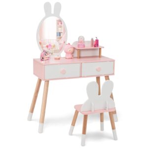 kotek kids vanity set with mirror, wooden princess makeup dressing table with stool, 2 storage drawers & display shelf, girls pretend play vanity for toddler (white)