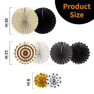 SUNBEAUTY Pack of 8 Gold Black Paper Fans Paper Fans Classroom Decoration Halloween Decoration Hanging Paper Fans Home Party Photo Backdrop Decorations