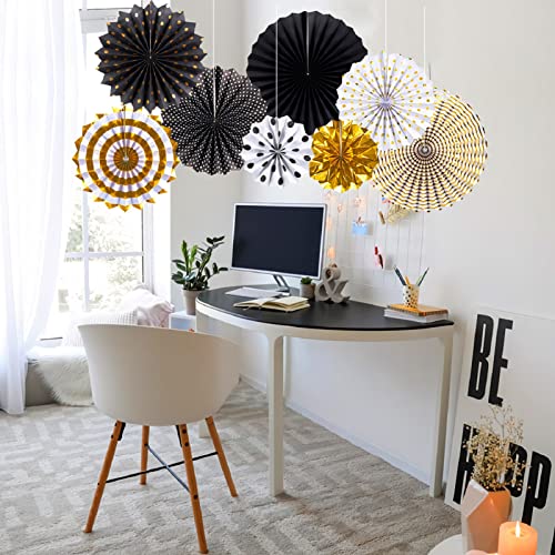 SUNBEAUTY Pack of 8 Gold Black Paper Fans Paper Fans Classroom Decoration Halloween Decoration Hanging Paper Fans Home Party Photo Backdrop Decorations