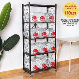 Letusto Foldable Collapsible Shelf with Wheels & Breaks - Folding Shelf Heavy Duty Metal Frame Pantry Shelving Unit - Origami Bookcase - No Assembly Bookshelf (White, 5 Tier)