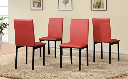 Roundhill Furniture 5 Piece Citico Metal Dinette Set with Laminated Faux Marble Top, White Table with Red Chairs