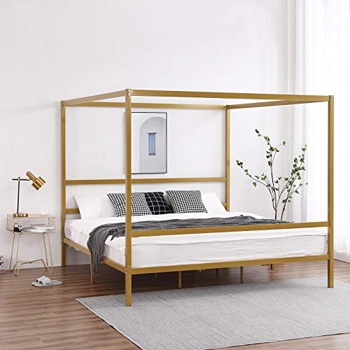 Bonnlo Metal Canopy Bed Frame King,Gold 4 Poster Bed,10 inches Canopy Platform Bed,No Box Spring Needed