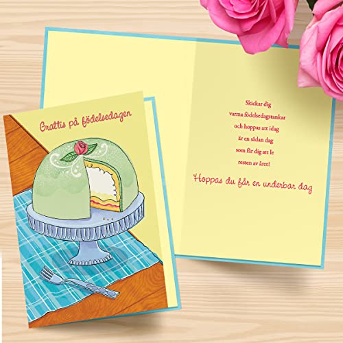 Designer Greetings Swedish Language Happy Birthday Cards, “Grattis på födelsedagen” Swedish Princess Cake Design (6 Cards with Envelopes / 6 Kort med kuvert)