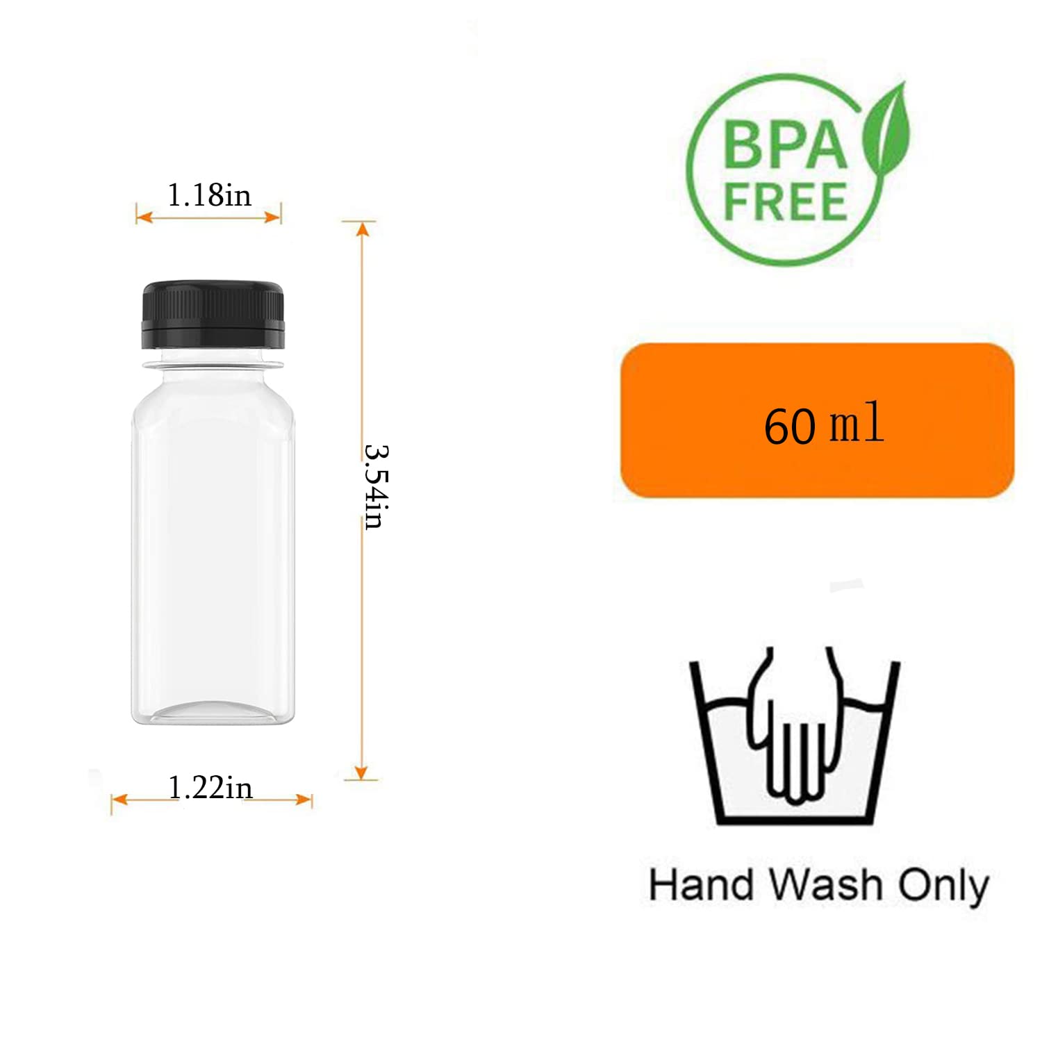 AQSXO 12 Pcs 2 OZ Mini Plastic Juice Bottles, Reusable Bulk Beverage Containers, Comes Black lid, for Juice, Milk and Other Beverages.