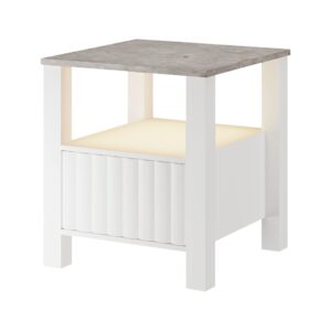 WAMPAT White End Table for Living Room, Nightstand for Bedroom with Storage Cabinet & Open Shelf, Wood Night Stand with Faux Marble Tabletop & LED Light, Side Tables for Small Spaces, White/Grey